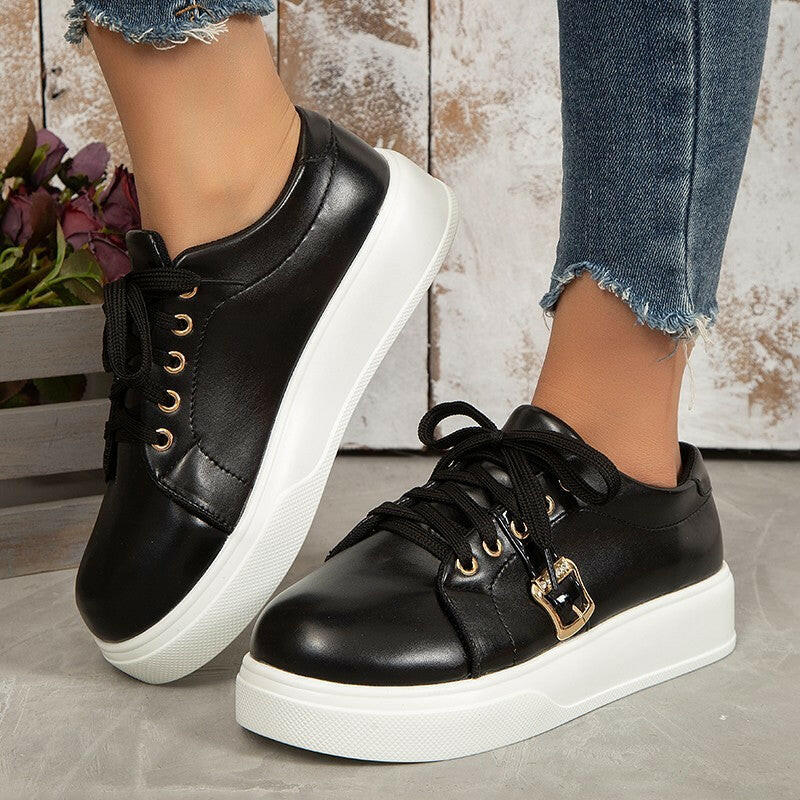 Lace-up Flats Shoes With Metal Buckle Design Lightweight Round Toe Platform Loafers Casual Shoes For Women.