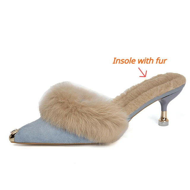 Women High Heel Shoes  Fur Slippers Mules Pointed.