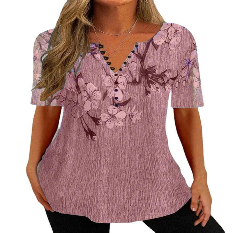 Summer Loose V-neck Short Sleeve Pleated Button Shirt For Women.