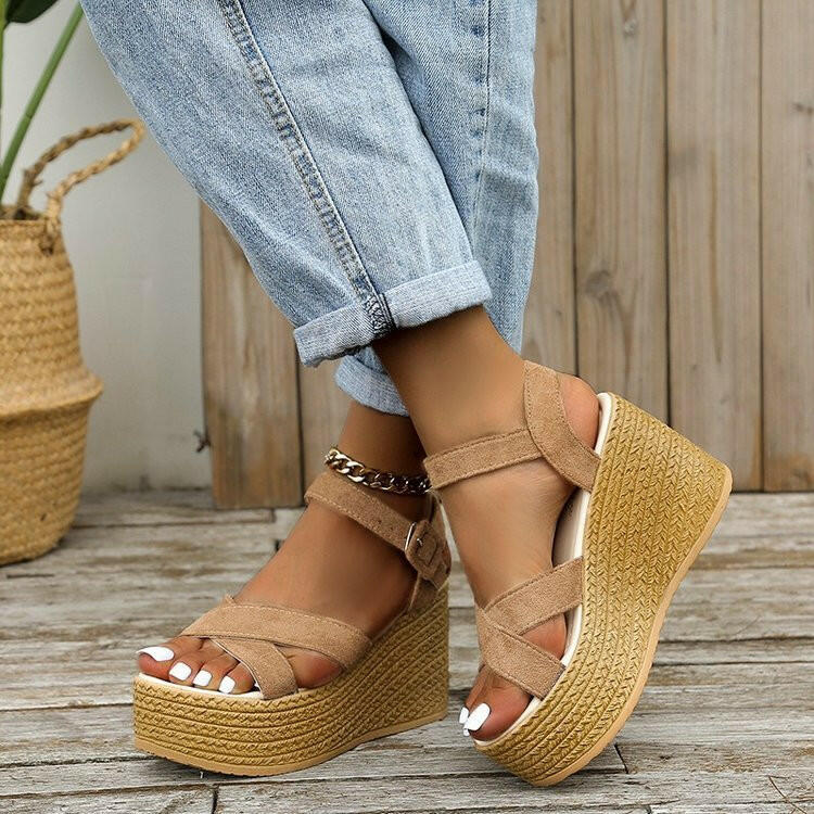 Wedge Sandals For Women Summer Casual Non-slip Cross-strap Platform Shoes With Hemp Heels Shoes.