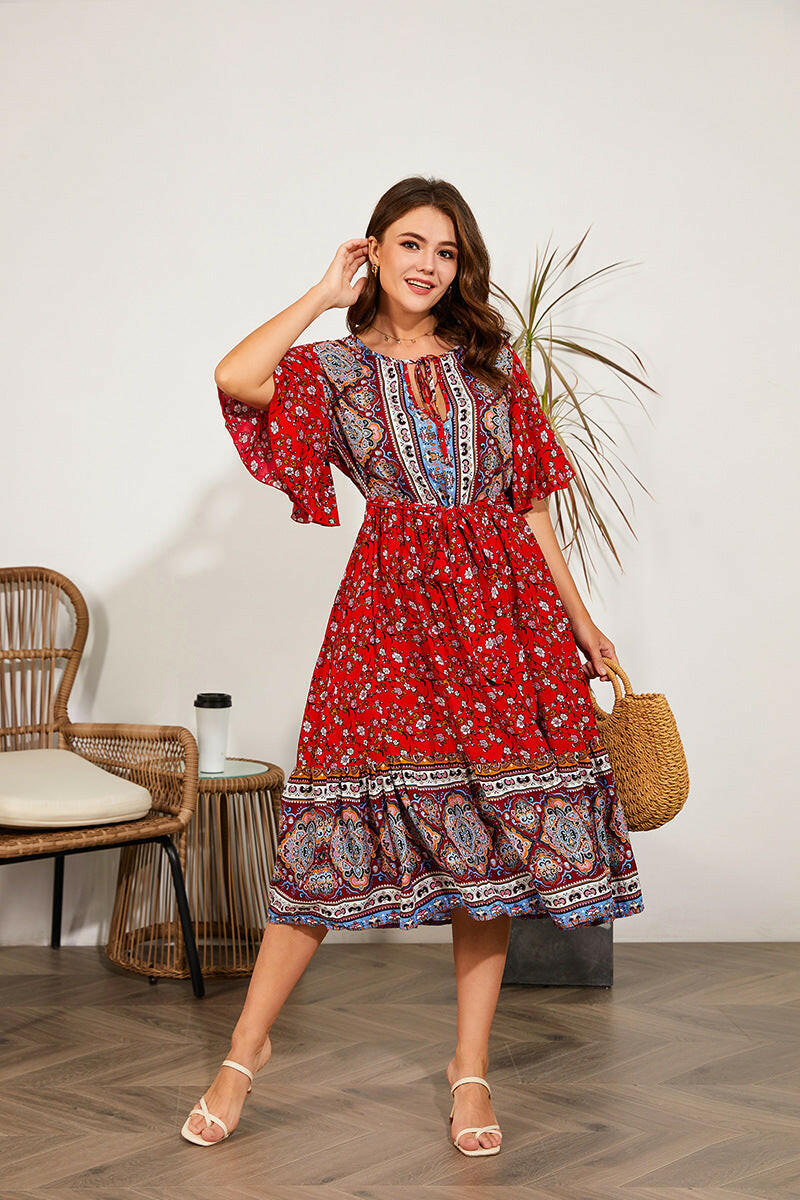 Fat Women Dresses Summer V Neck Print Beach Dress.