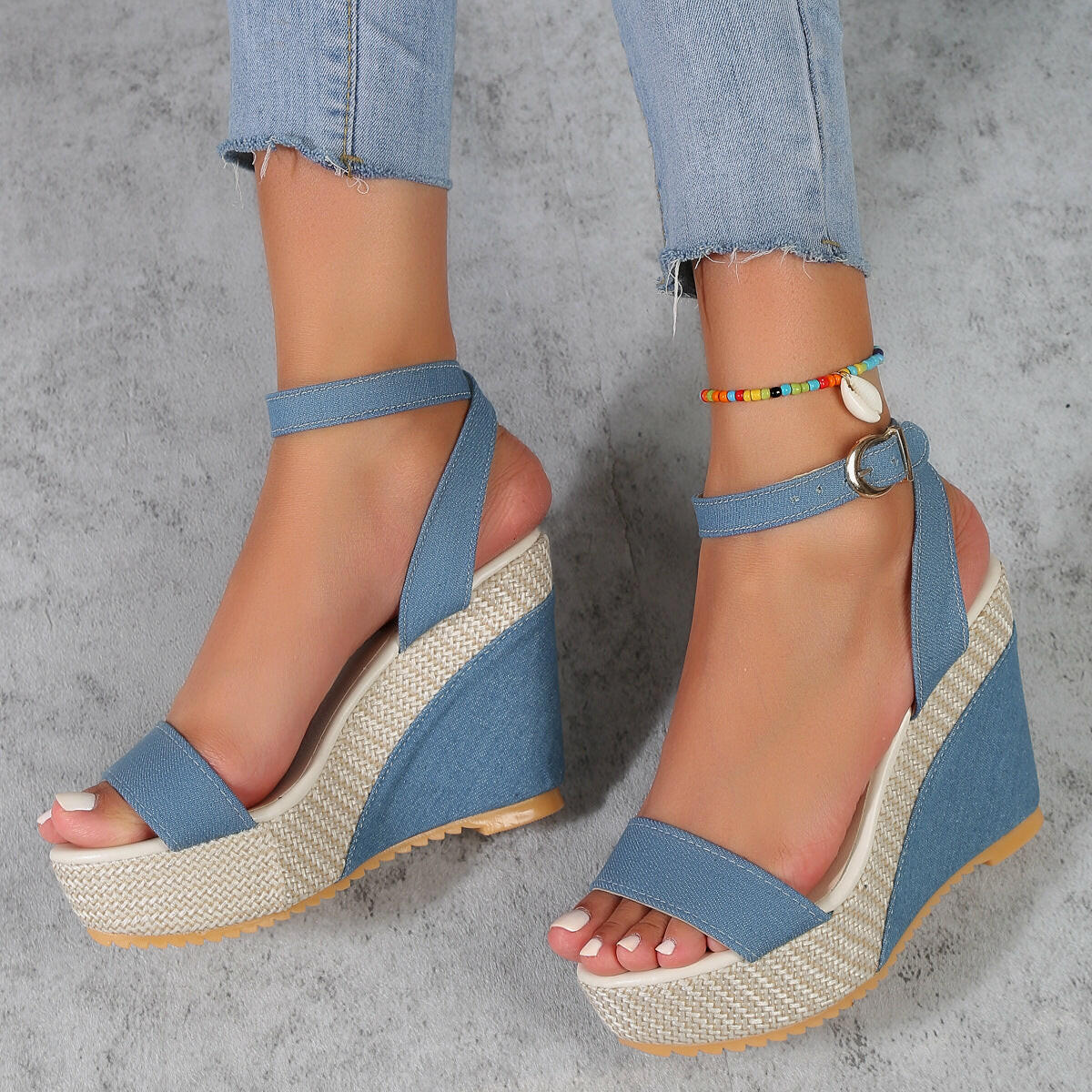 High Heel Denim Fabric Ankle-strap Sandals Women.