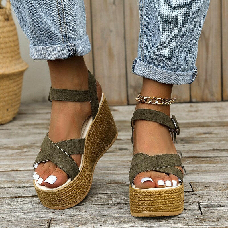 Wedge Sandals For Women Summer Casual Non-slip Cross-strap Platform Shoes With Hemp Heels Shoes.