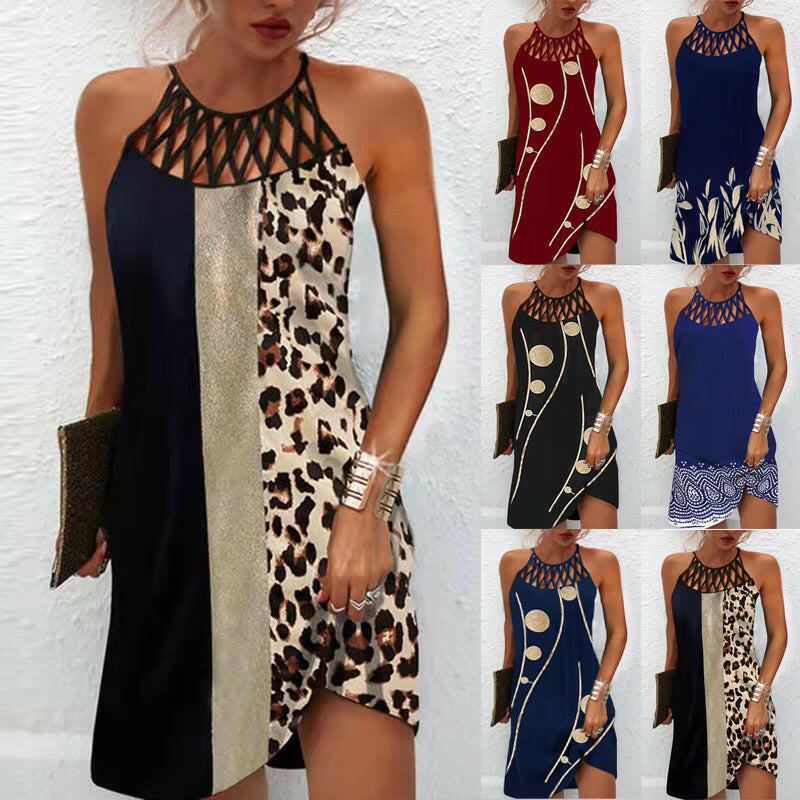 Fashion Print Dress Casual Halterneck Dresses For Women Summer Clothes.