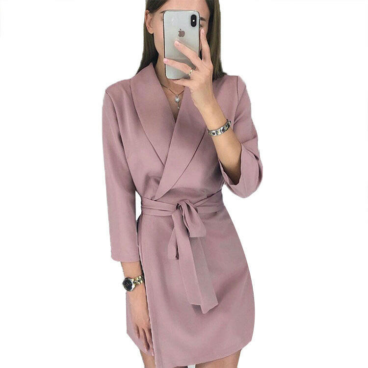 European And American Long Sleeve Solid Color Suit Collar Fashion Belt Short Dress.