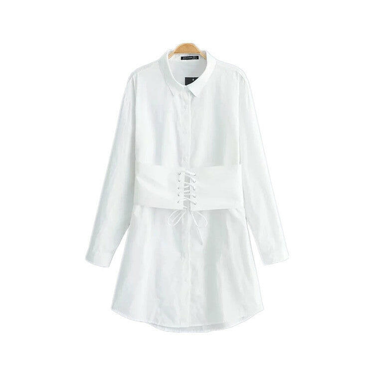 Long sleeve white shirt dress with tie waist.