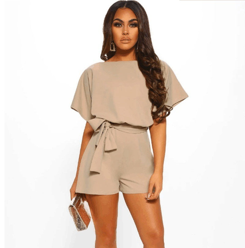 Fashion Solid Color Short-sleeved Jumpsuit with Belt.