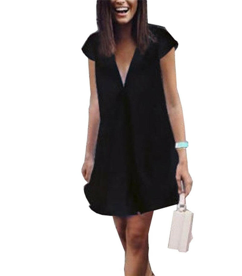 Women Summer Casual T-shirt Dress V Neck Party Dresses.