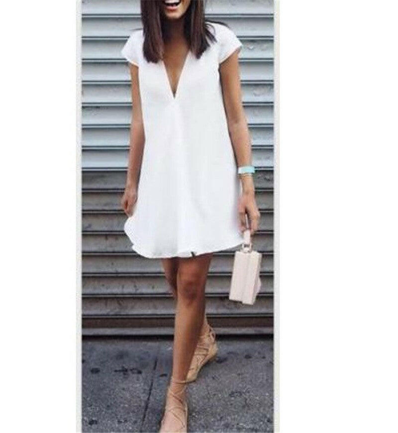 Women Summer Casual T-shirt Dress V Neck Party Dresses.