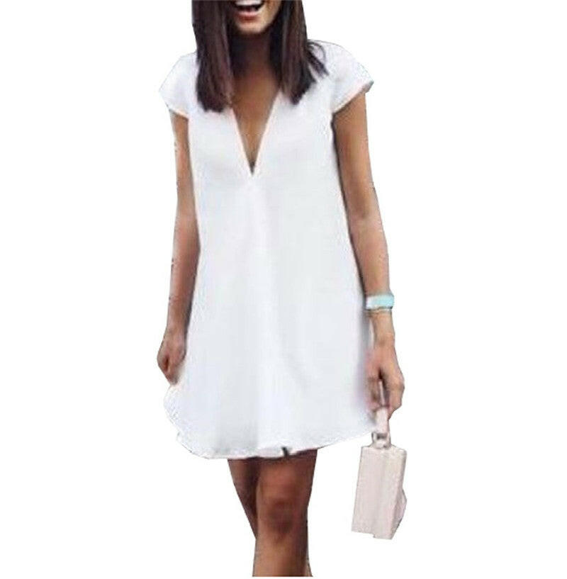 Women Summer Casual T-shirt Dress V Neck Party Dresses.