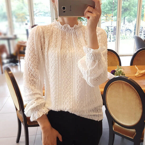 Pure Color Net See-through Sweet Lace Long-sleeved Bottoming Lace Shirt For Women.