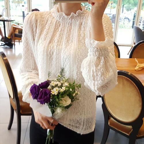 Pure Color Net See-through Sweet Lace Long-sleeved Bottoming Lace Shirt For Women.