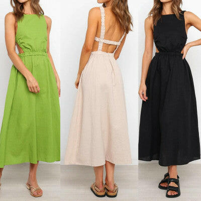 Sling Open Back Elasticated Waist Long Dress.