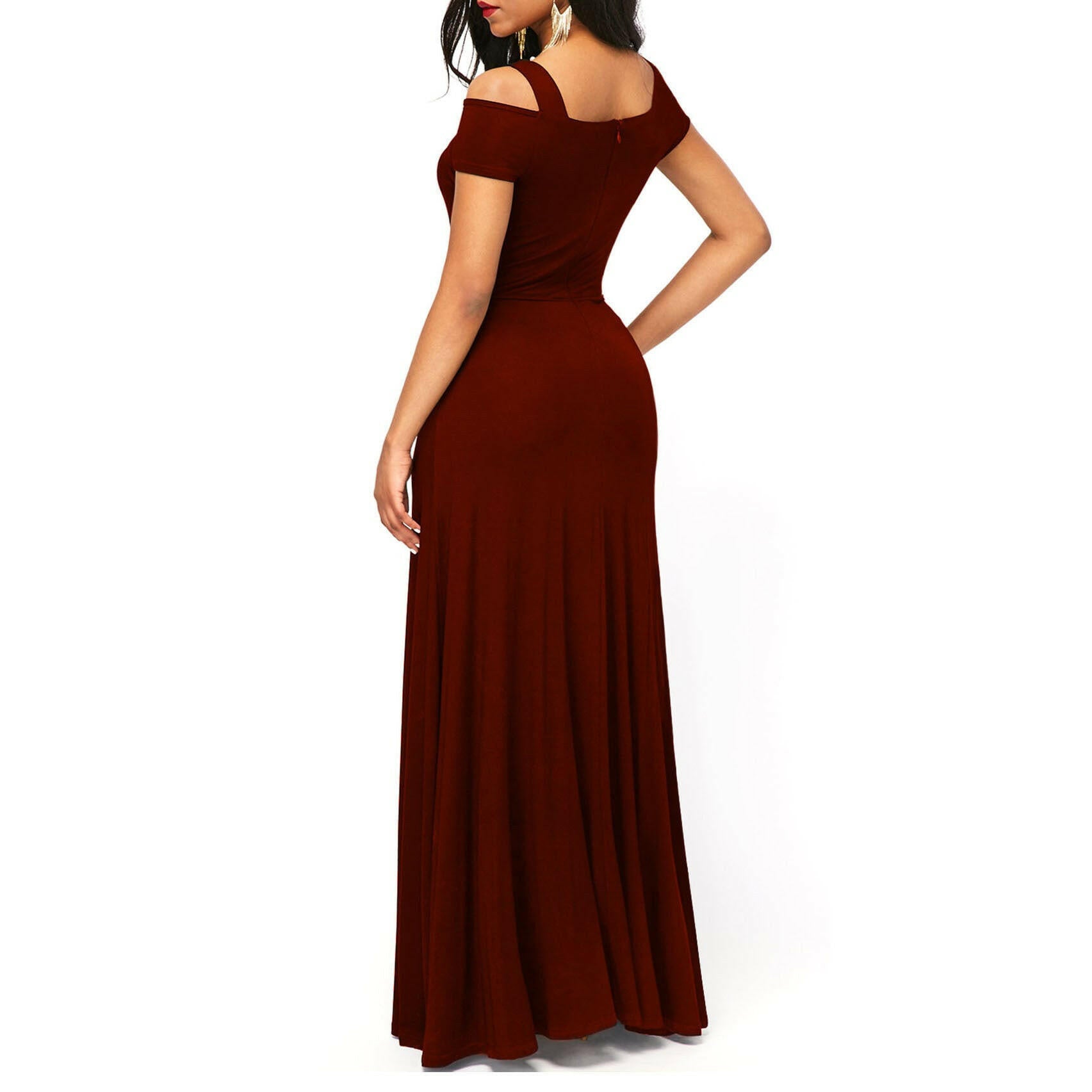 Solid Color V-neck Sexy Strapless Split Slim Fit Party Dress.