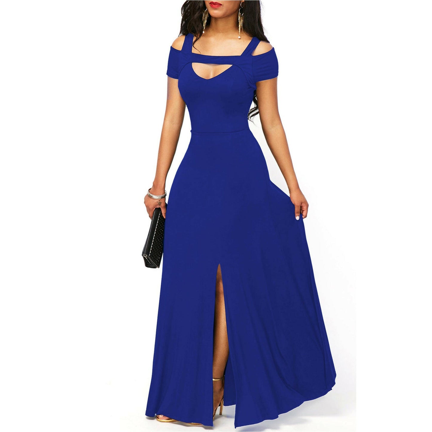 Solid Color V-neck Sexy Strapless Split Slim Fit Party Dress.