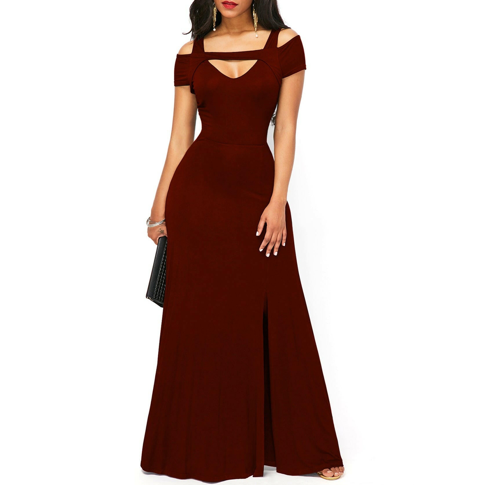 Solid Color V-neck Sexy Strapless Split Slim Fit Party Dress.