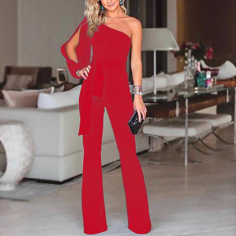 Ladies High Waist Slim One-Shoulder Jumpsuit.