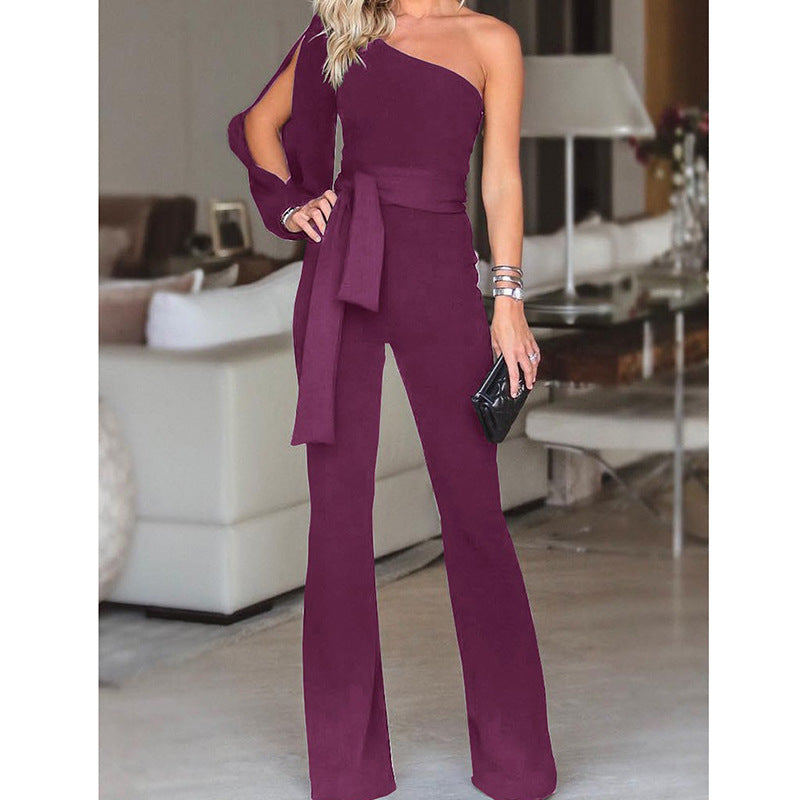 Ladies High Waist Slim One-Shoulder Jumpsuit.