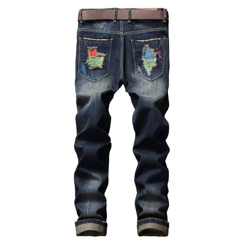 Personalized Brushed Jeans Men's Ripped Straight-leg Jeans.