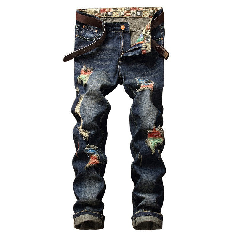 Personalized Brushed Jeans Men's Ripped Straight-leg Jeans.