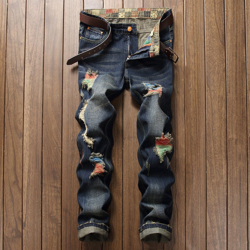 Personalized Brushed Jeans Men's Ripped Straight-leg Jeans.