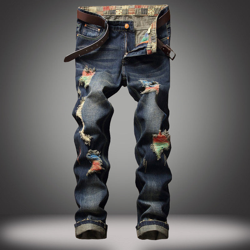 Personalized Brushed Jeans Men's Ripped Straight-leg Jeans.