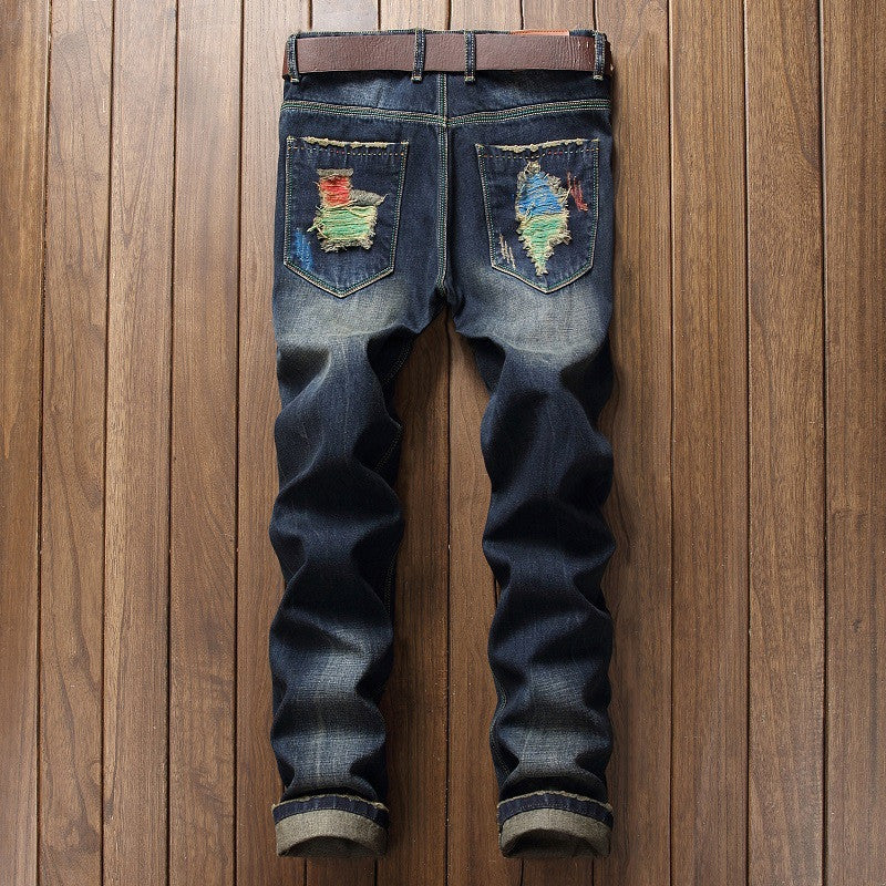 Personalized Brushed Jeans Men's Ripped Straight-leg Jeans.