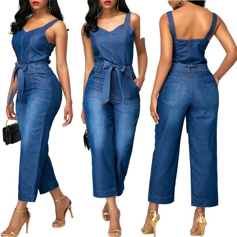 Sling Bowknot Denim Jumpsuit.