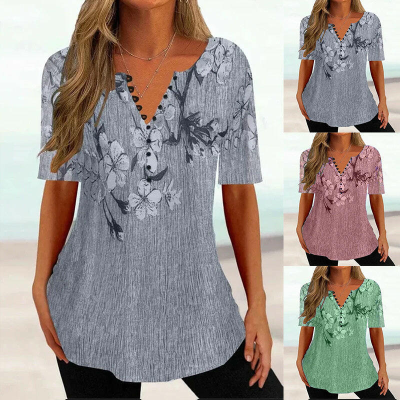 Summer Loose V-neck Short Sleeve Pleated Button Shirt For Women.