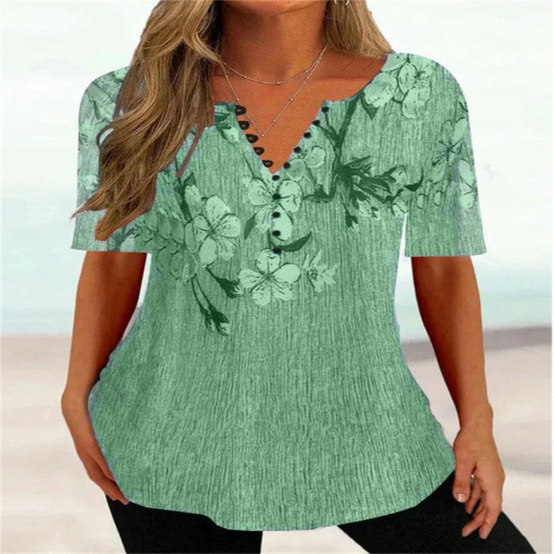 Summer Loose V-neck Short Sleeve Pleated Button Shirt For Women.