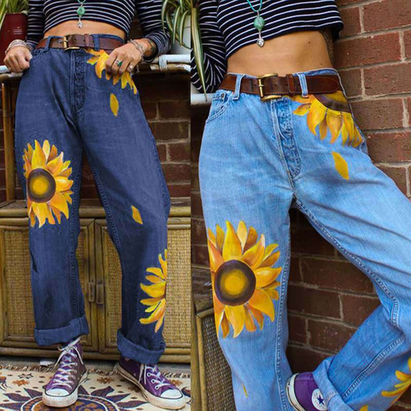 Women's Sunflower Printed Washed Jeans.