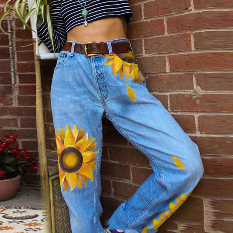 Women's Sunflower Printed Washed Jeans.