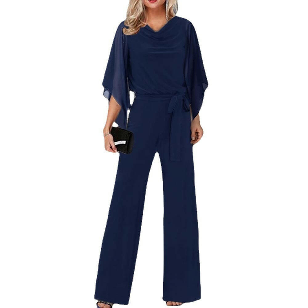 Fashion Solid Color High Waist Lace Up Casual Jumpsuit Straight-leg Pants Women.