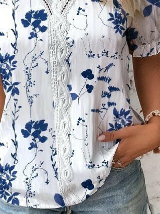 Summer V-neck Lace Stitching Printing Shirt For Women.