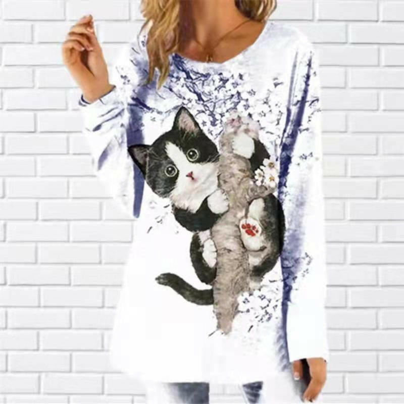 Cat Print Round Neck Long Sleeve Casual T-shirt.