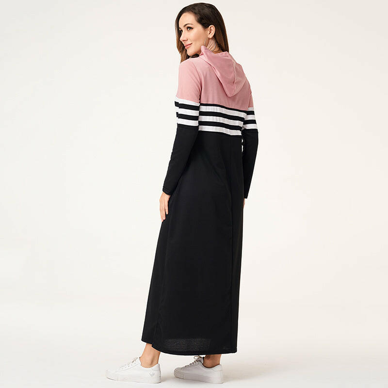 Women Hoodie Dresses Long Sleeve Striped Patchwork Casual.