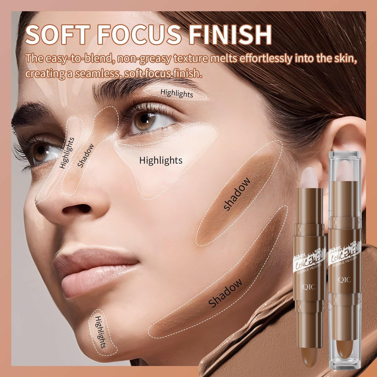 Double-ended Highlighter Nose Shadow Glitter Foundation Concealer Pen Long Lasting Dark Circles Corrector Contour Stick Makeup.