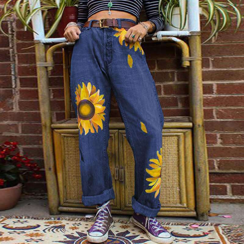 Women's Sunflower Printed Washed Jeans.