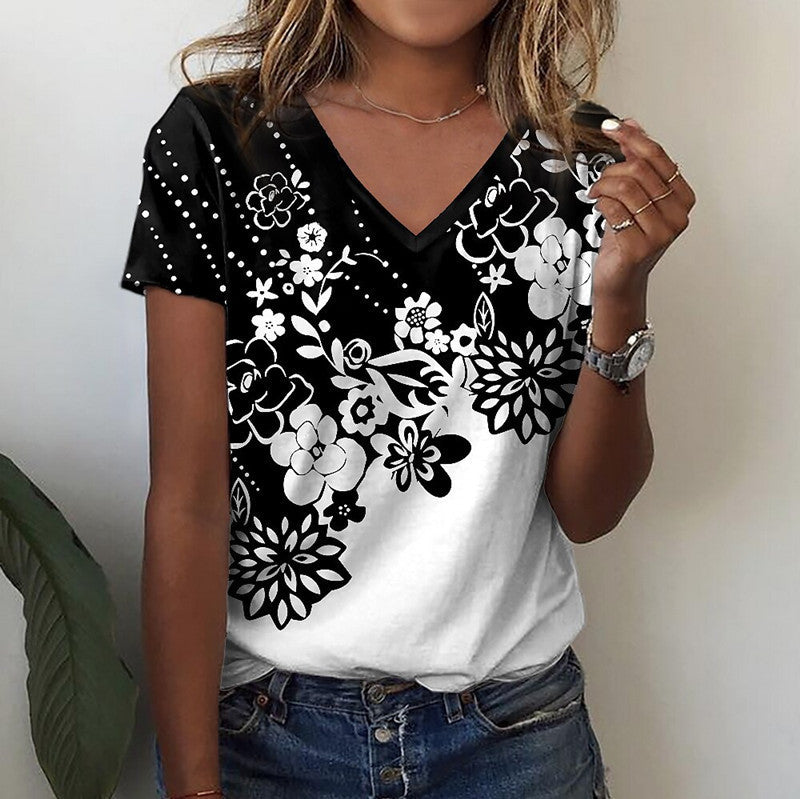 Women's Flower Printed V-neck Short-sleeved Printed T-shirt.