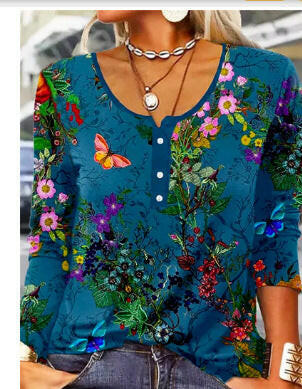 Long Sleeved Geometric Flower Mang U-neck Button Up T-shirt For Women.