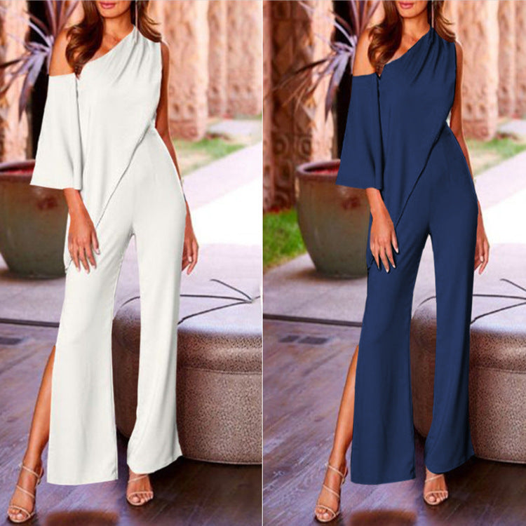 Slant Shoulder Casual Wide Leg Jumpsuit.