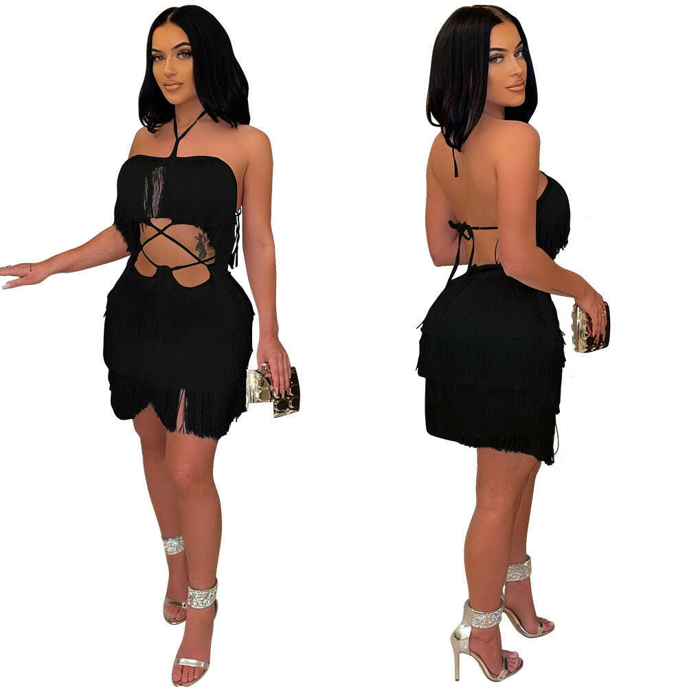 Ladies Wrap Hip Dress With Tassels In Nightclub.