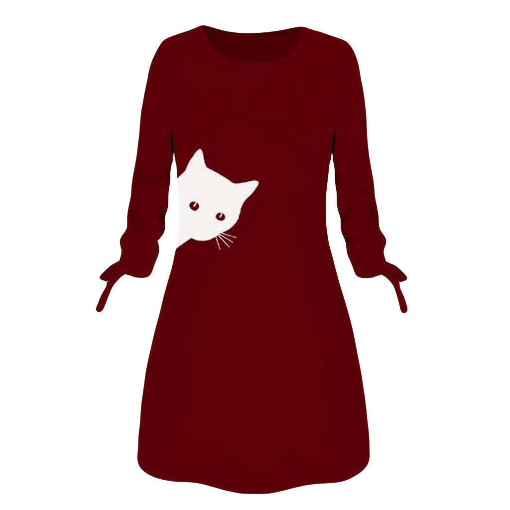 Women Elegant Dress Cat Print Bow O Neck Long Sleeves.