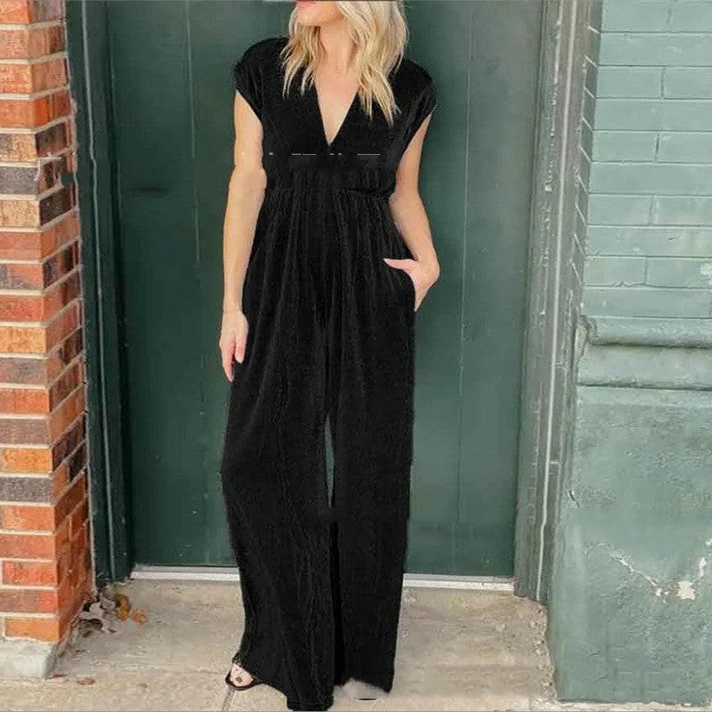 V-neck Short-sleeved High Waist Long Jumpsuit.