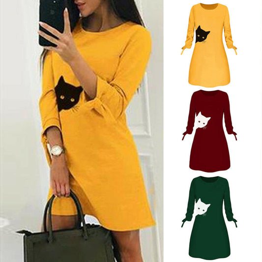 Women Elegant Dress Cat Print Bow O Neck Long Sleeves.