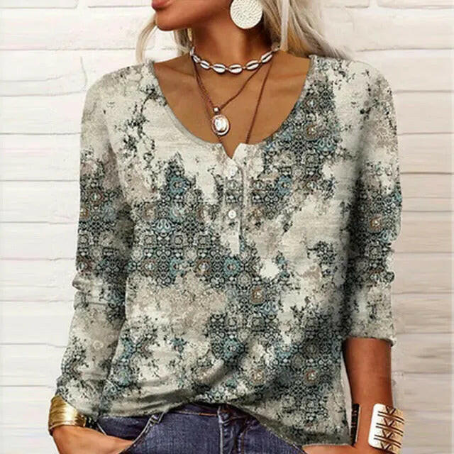 Long Sleeved Geometric Flower Mang U-neck Button Up T-shirt For Women.