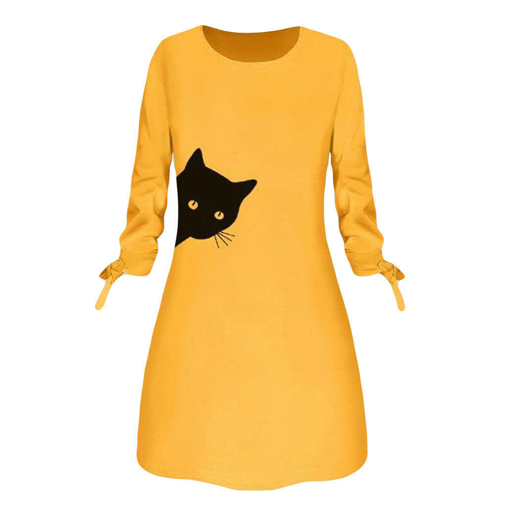 Women Elegant Dress Cat Print Bow O Neck Long Sleeves.