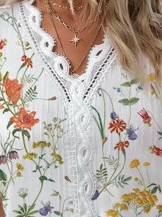 Summer V-neck Lace Stitching Printing Shirt For Women.