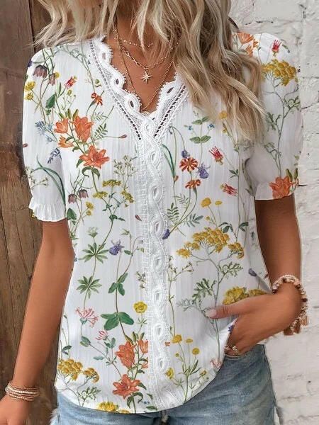 Summer V-neck Lace Stitching Printing Shirt For Women.