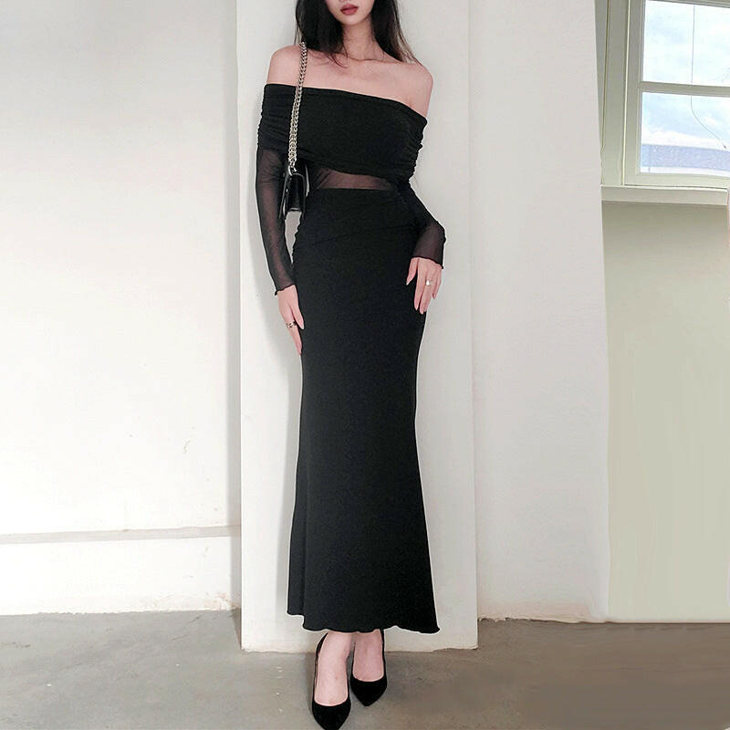 Women's Winter Sexy Off-the-shoulder Pleated Long Sleeve Polyester Dress.